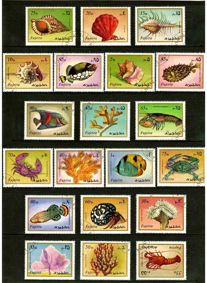 20Pcs/Set Fujaira Post Stamps 1972 Marine Life Animals Fish Shell  Marked Postage Stamps for Collecting