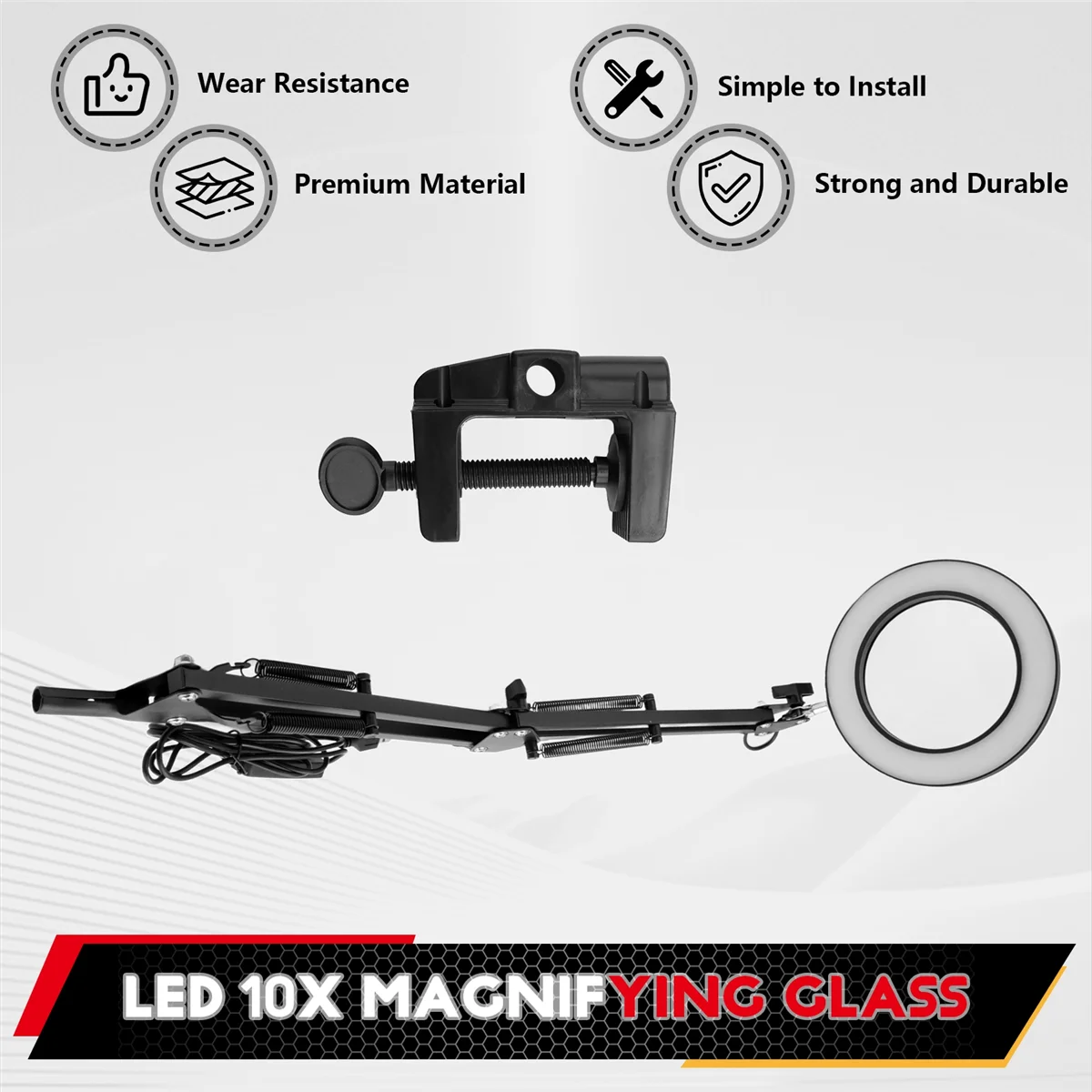 عدسة مكبرة A06K 10X مع ضوء ومشبك 3 أوضاع ألوان 10 سطوع قابل للتعديل مصباح مكتبي مكبر لقراءة الحرف اليدوية