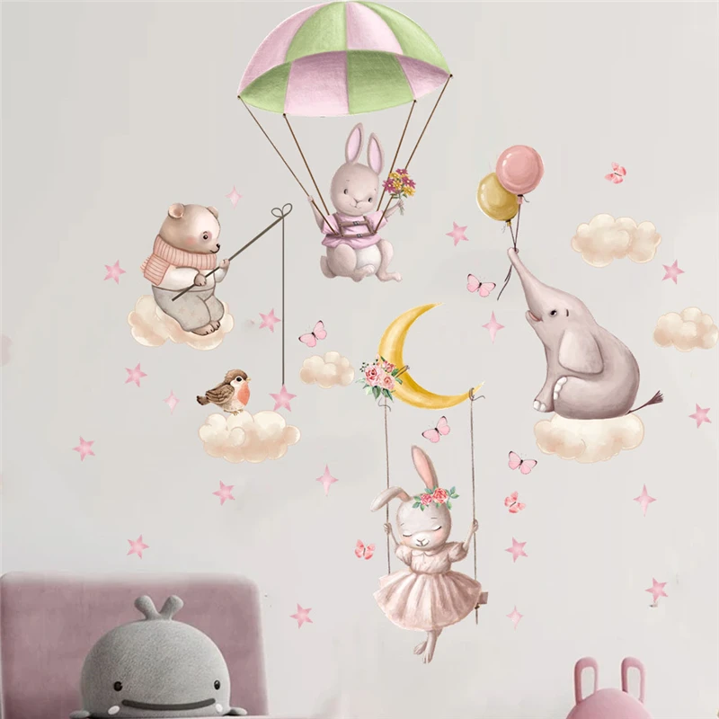 Lovely Rabbit Bear Elephant Wall Stickers Nursery Decal Baby Room Decoration Kids Bedroom Mural Art PVC Poster