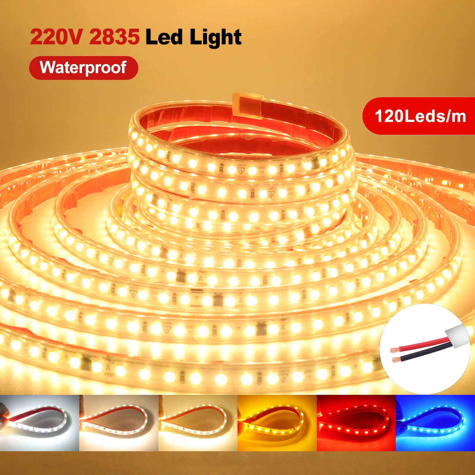 

120LED/m LED Strip Light 220V Flexible&10cm Cuttable Soft Lamp Bar 2835 Tape Adhesive Home Decor Red Blue Green Pink 4000K 6000K