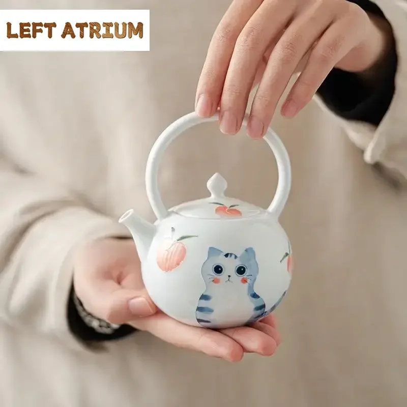 

Hand-Painted Cat Teapot Single Tea Making Little Teapot Ceramic Cute Small Chinese Kung Fu Loop-Handled Teapot Tea Kettle