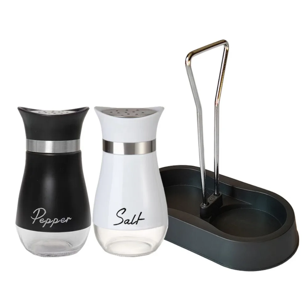 

2Pcs/Set Salt & Pepper Kitchen Glass Spice Bottle Refillable with Rack Condiment Jar with Pour Holes Black Seasoning Shaker Set