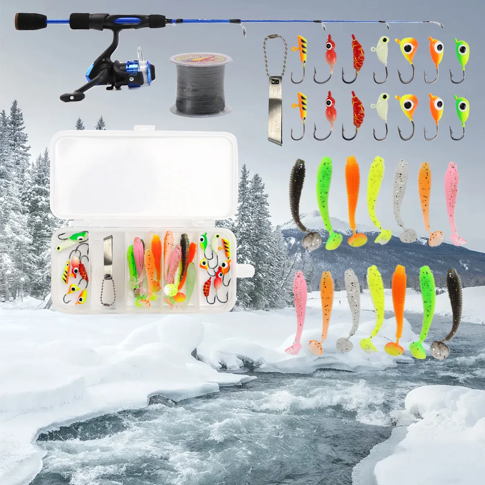 

27" Tips Ice Fishing Rod Set Fiberglass Ultralight Pole Trolling Reel Ice Fishing Jigs Lures for Trout Panfish Bluegill Crappie