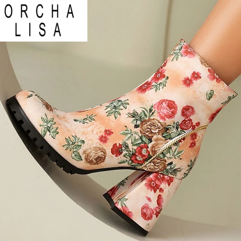 

ORCHA LISA 2025 Модные женские ботильоны с круглым носком и блочным каблуком 8 см на молнии с цветком, смешанные цвета, большие размеры 45, 46 47 48 Dating Bota