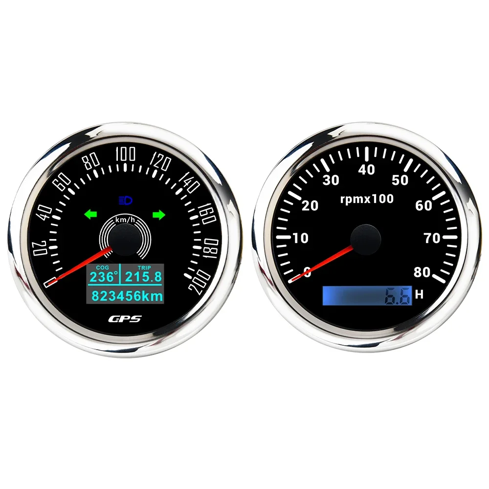 

2 Gauge Set 85mm GPS Speedometer 160MPH 0-200km/h + 0-8000RPM Tachometer with 7 Colors Backlight for Yacht Car Motorcycle