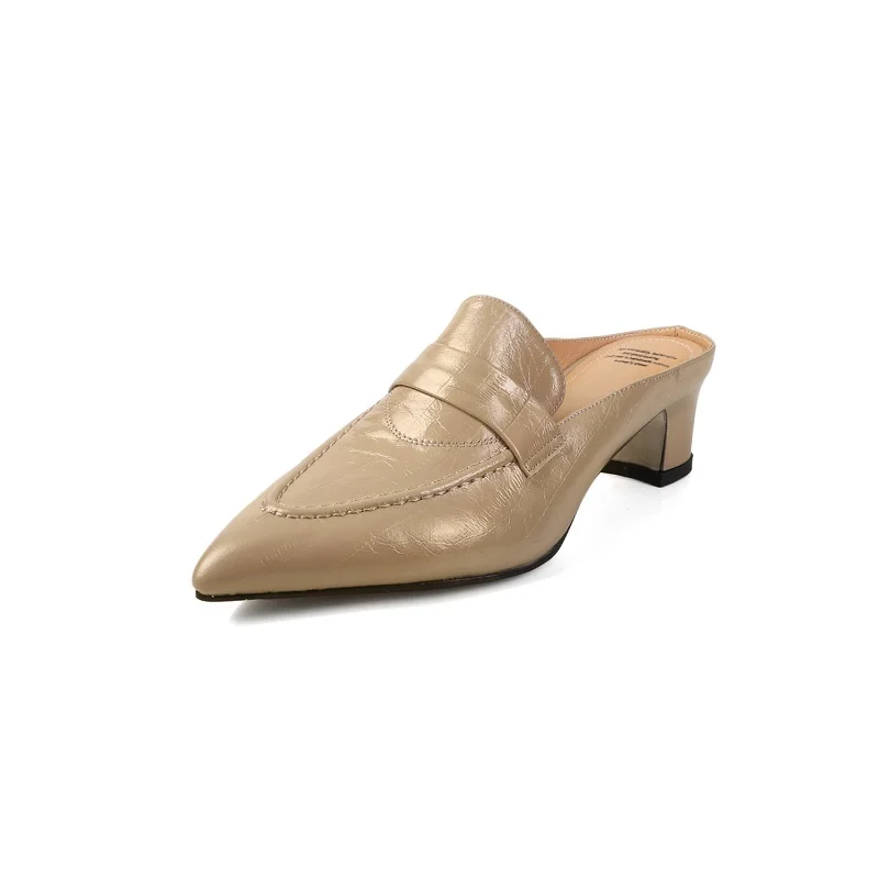 المرأة البغال النعال كعب مربع السيدات مغلق حذاء مزود بفتحة للأصابع جودة جلد طبيعي الانزلاق على مضخات الربيع البغال أشار تو #3