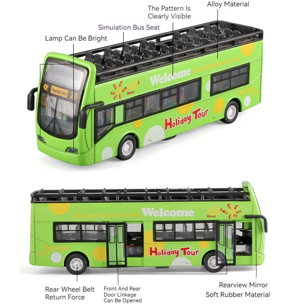다이캐스트 금속 도어 오픈 사운드 라이트 풀 백 더블 데커 차량 모델 선물, 1:32 체중계 관광 투어 버스 모델 자동차 장난감