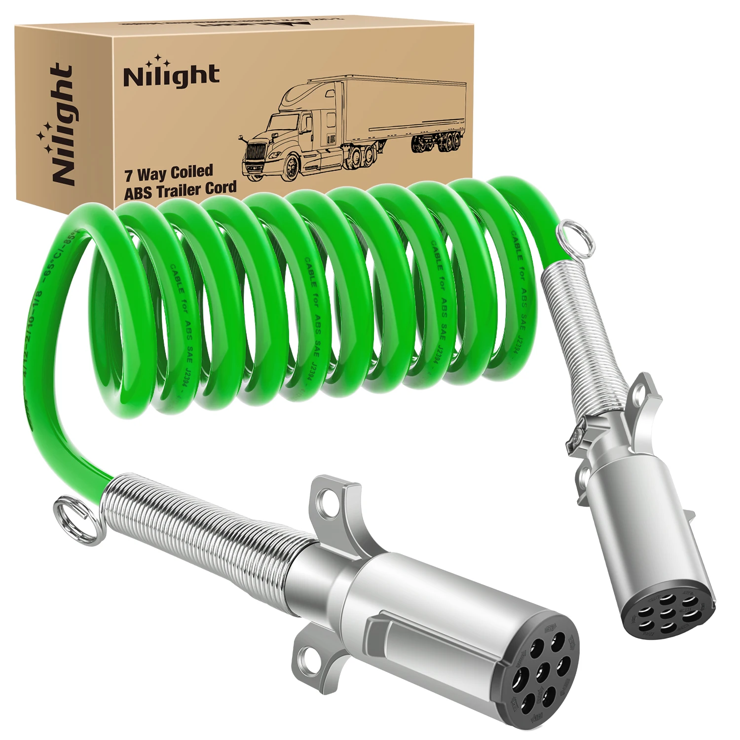 Nilight 12FT 7 Way Coiled ABS Cord Heavy Duty Zinc Die Cast Plug Green Electrical Power Breakaway Cable 7 Pin Flexible Trailer Wire for Semi Truck Tractor Transmitting Signals