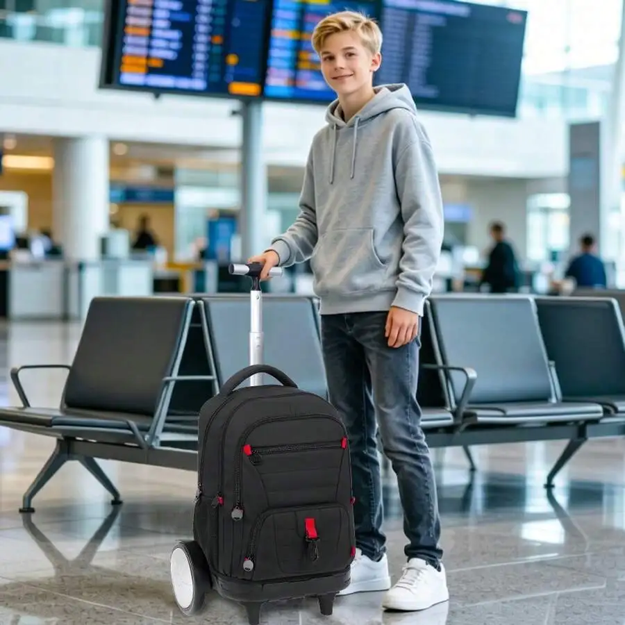 3Pcs Men & Boys Rolling Backpack With Bigger Wheels, Extra-Large Wheeled Bookbag With Lunch Box, Water Resistant Roller Luggage(