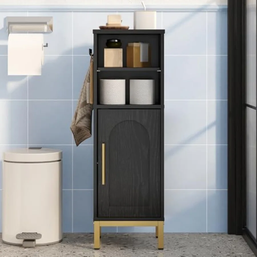 

Bathroom Storage Cabinet, Corner Floor Cabinet with Door and Shelves, 2Hooks, Small Narrow Storage Organizer, Toilet Paper Cabi