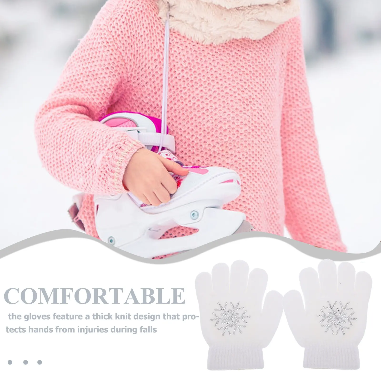 

1Pair Ice Skating Gloves Warm Thick Knit Practice Mittens Rhinestone Design Anti Slip Grip Gloves for Sports