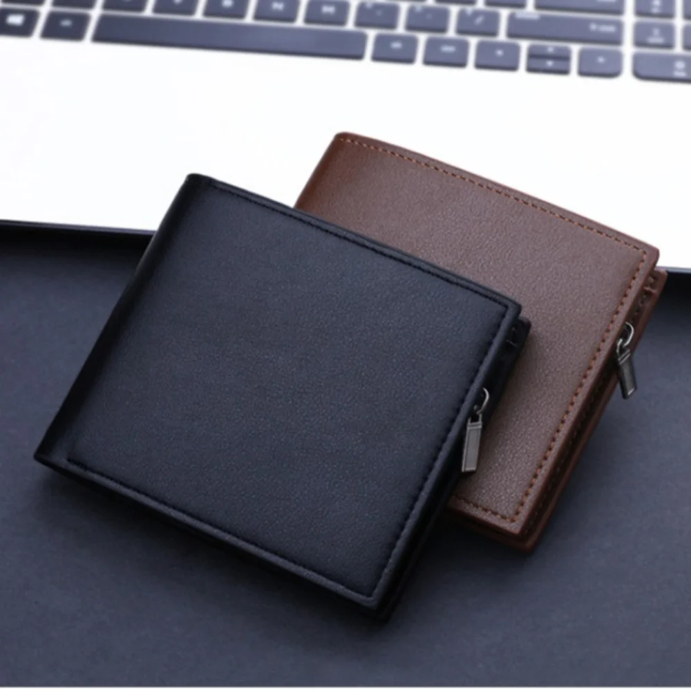 Klassische einfarbige kurze Brieftasche für Herren, verdicktes PU-Leder, Geldbörse mit Reißverschluss, Münztasche, mehrere Karten, 3-fach, Vintage-Kartenhalter für Männer