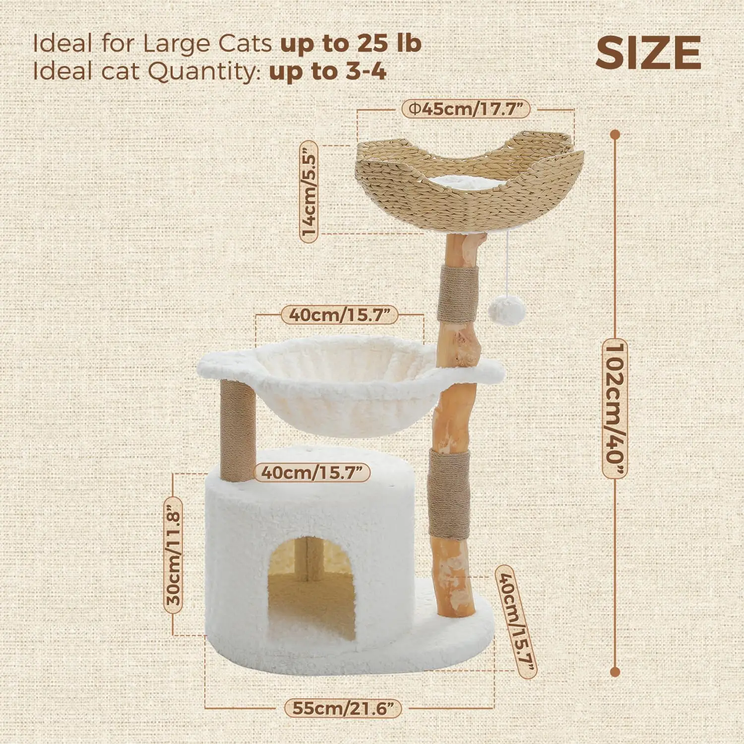 

PAWZ Road Modern Cat Tree for Large Cats, Luxury Wood Cat Tower with Large Wicker Basket, Spacious Condo and Deep Hammock