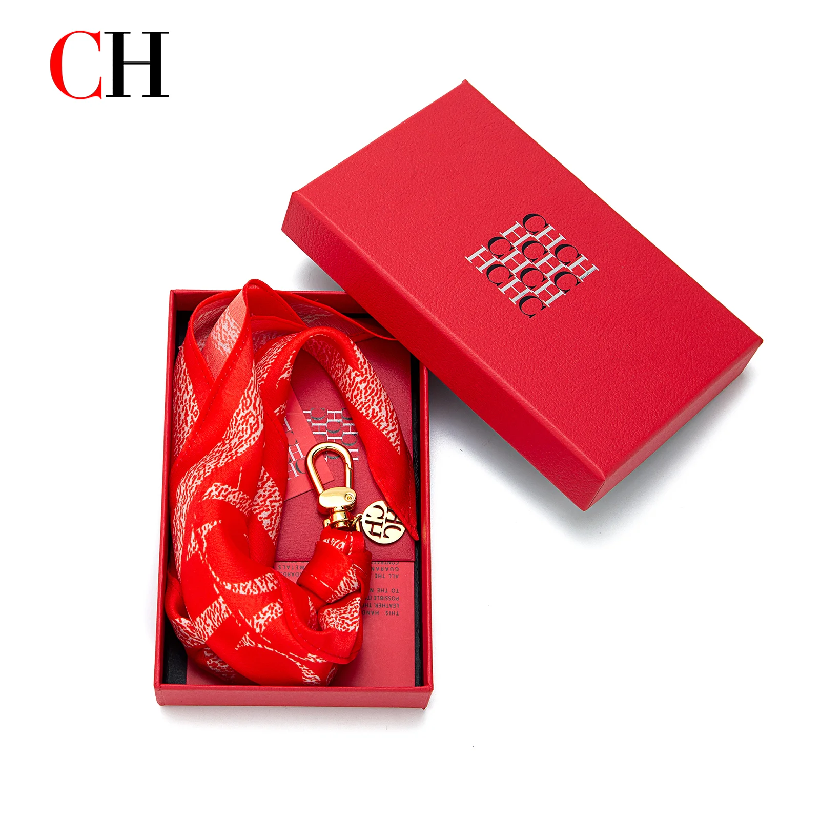 CH Fashion Scarf Accessory Keychain Set Red Monogram Printed Silk Scarf with Gold Metal Charm Bag Decoration Pendant for Wome