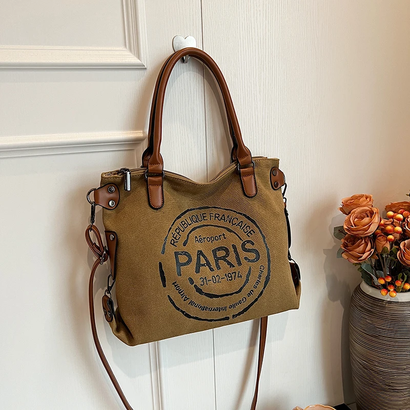 New Portable Canvas Fashion Women's Bag Letters Large Capacity Tote Bag Leisure Commuting Single Shoulder Diagonal Span