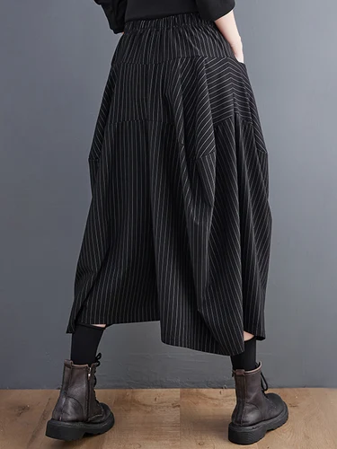 Imagen 2 del producto Pantalones negros de pierna ancha de talla grande a rayas con cintura alta elástica para mujer, pantalones holgados informales a la moda para primavera y otoño 2025