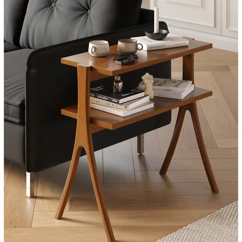 

Mid-Ancient Double-Layer Sofa Side Table Solid Wood Storage Rack Living Room Floor Small Apartment Storage Rack