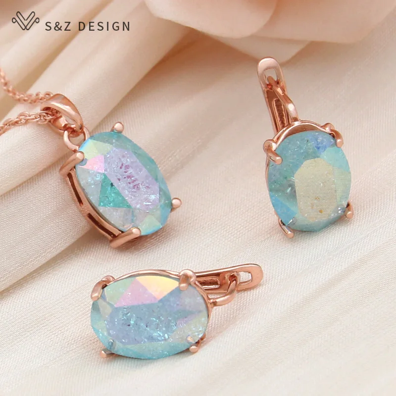 S&Z DESIGN New Fashion 585 Rose Gold Color Egg Shape Oval Crystal Drop Earrings Jewelry Sets For Women Party Pendant Necklace