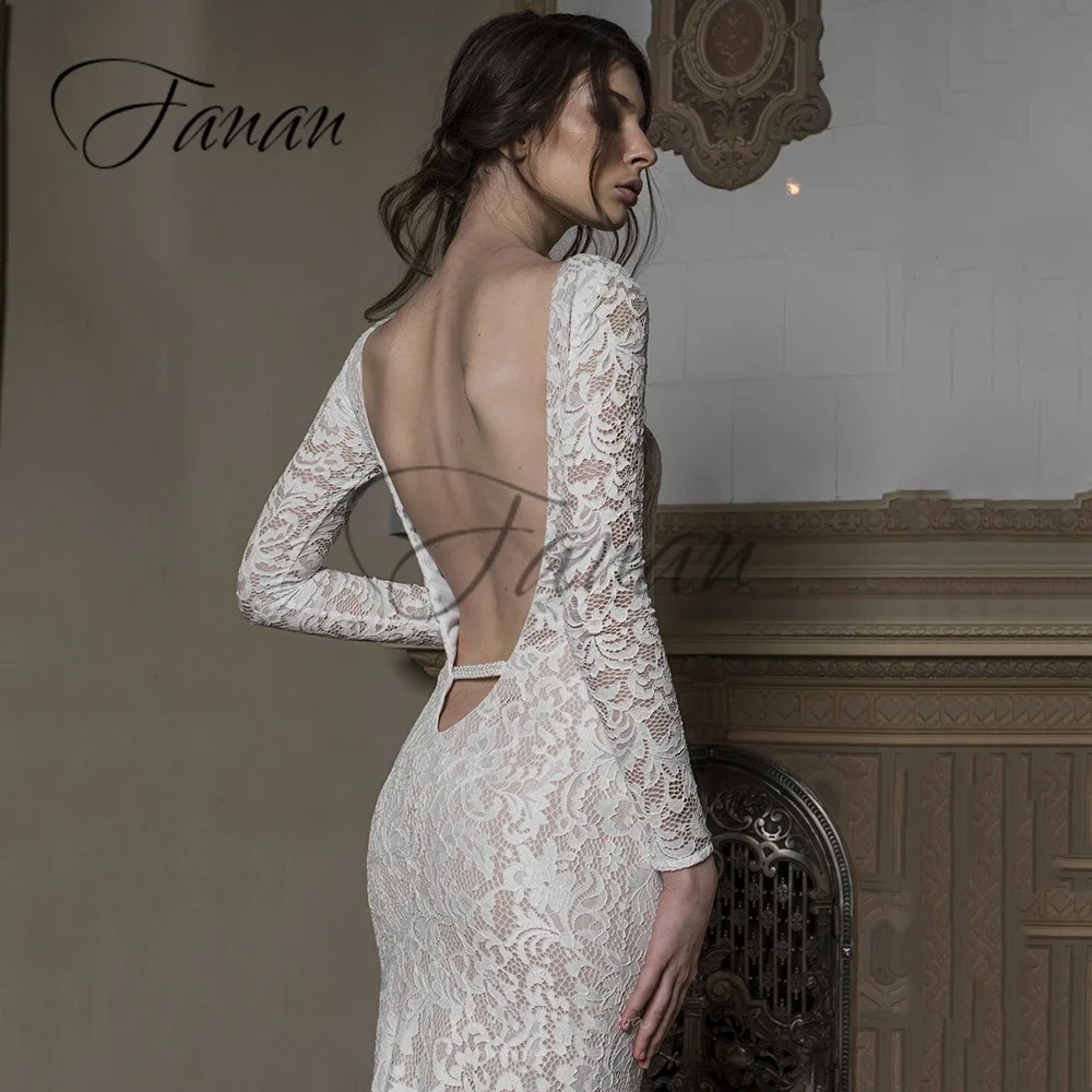 O-hals Lange Mouwen Lace Backless Mermaid Trouwjurken Prachtige Sweep Trein Bruidsjurk Vestido De Noiva Robe De Mariee