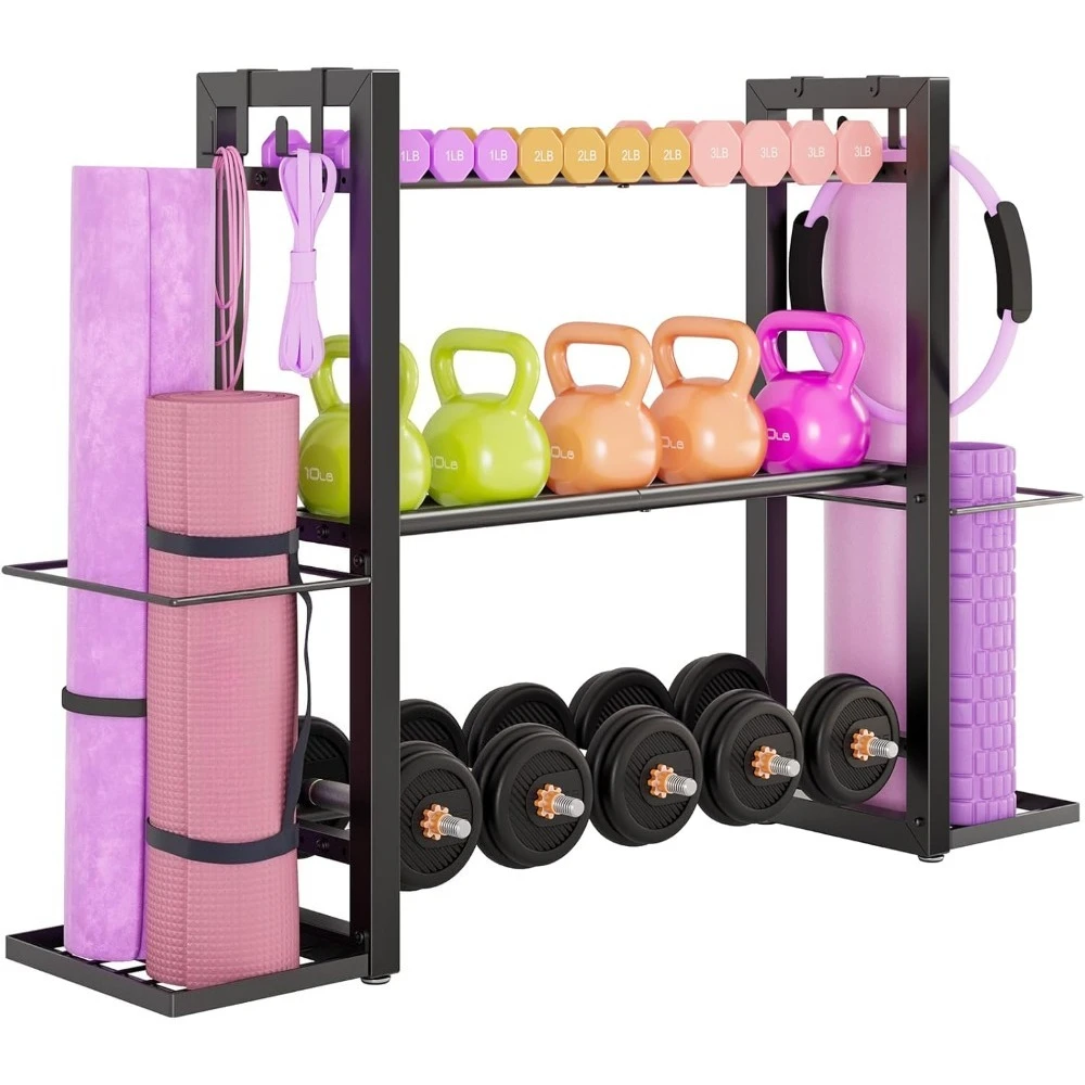 

3-х уровневая регулируемая стойка для гантелей, сверхмощная металлическая подставка для хранения гантелей, гири, коврик для йоги, органайзер для тренажерного зала
