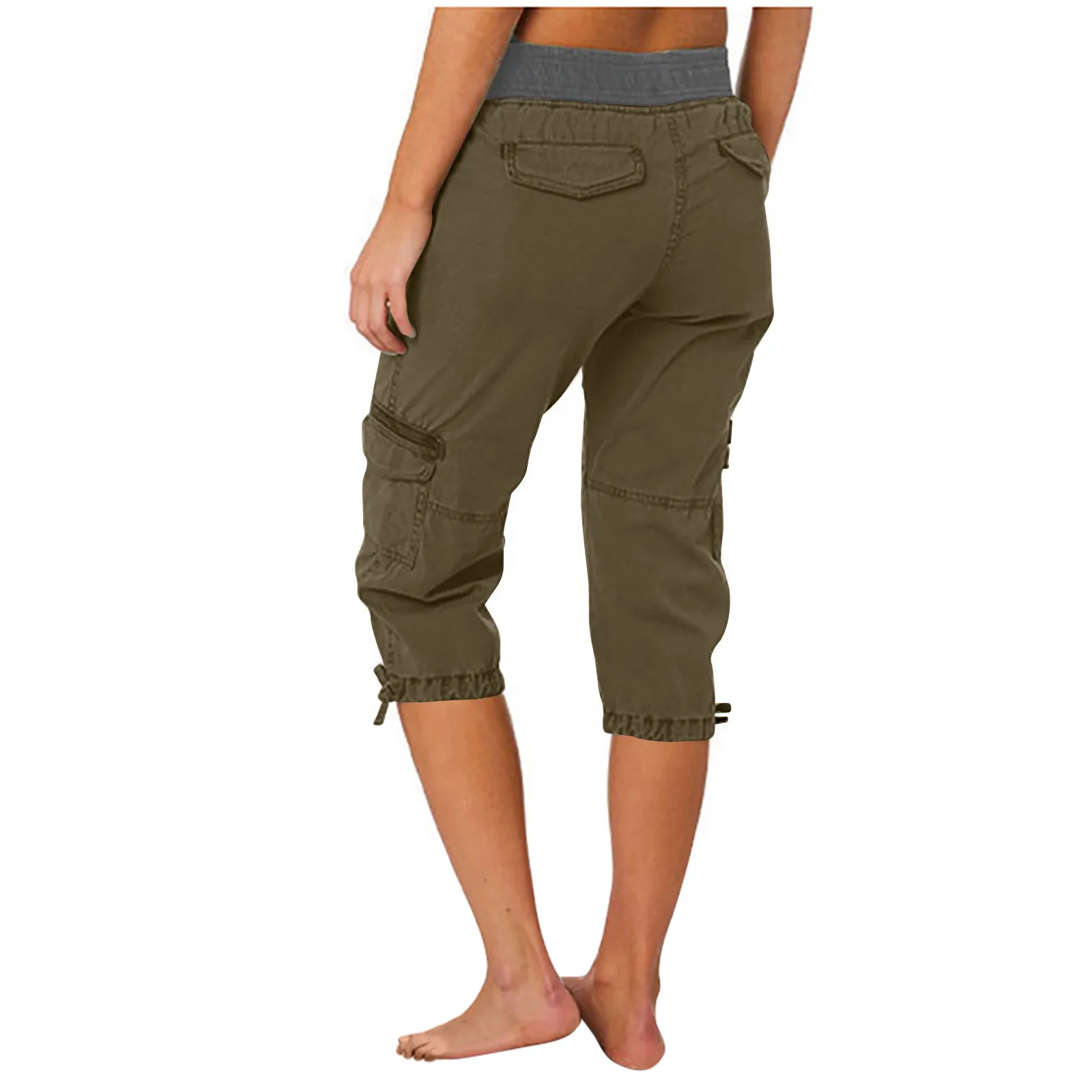 2026 Women's Summer Casual High Waist Drawstring Pocket Workwear Pants Solid Loose Wide Leg Extendable Cuffs 7-inch Pants Female