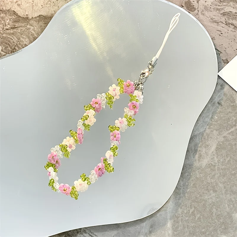 Rantai Gantungan Ponsel Manik-Manik Bunga Putih Pink Daun Hijau Lucu Untuk Casing Ponsel Tali Ponsel Aksesoris Anti-Hilang Gantungan Kunci Lanyard