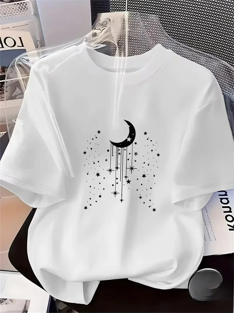Summer Women's Fashion Print Tee with A Moon and Star Pattern on The Short Sleeve Round Neck Women's Casual Daily Funny Clothing
