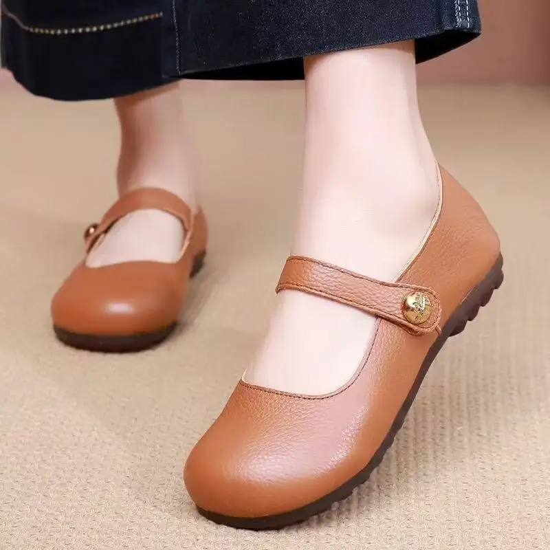 2026 New Women Genuine Leather Mary Jane Shoes Spring Summer New High Quality Round Toe Flat Sole Lightweight Nude Shoes