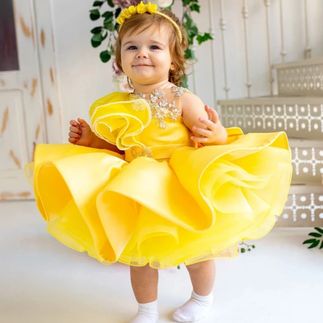 

Желтое платье с цветочным узором для девочек по индивидуальному заказу, атласное тюлевое платье с аппликацией и бантом для свадьбы, дня рождения, торжественное платье для святого причастия ﻿