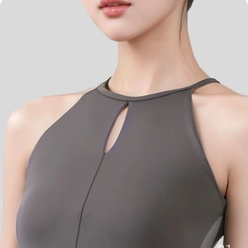 ชุดบอดี้สูทบัลเลต์แบบคล้องคอสำหรับผู้หญิง ชุดบอดี้สูทเต้นรำแบบเปิดหลัง ชุดบอดี้สูทโยคะสำหรับนักกายกรรม ชุดบอดี้สูทยิมนาสติกแบบไม่มีแขน