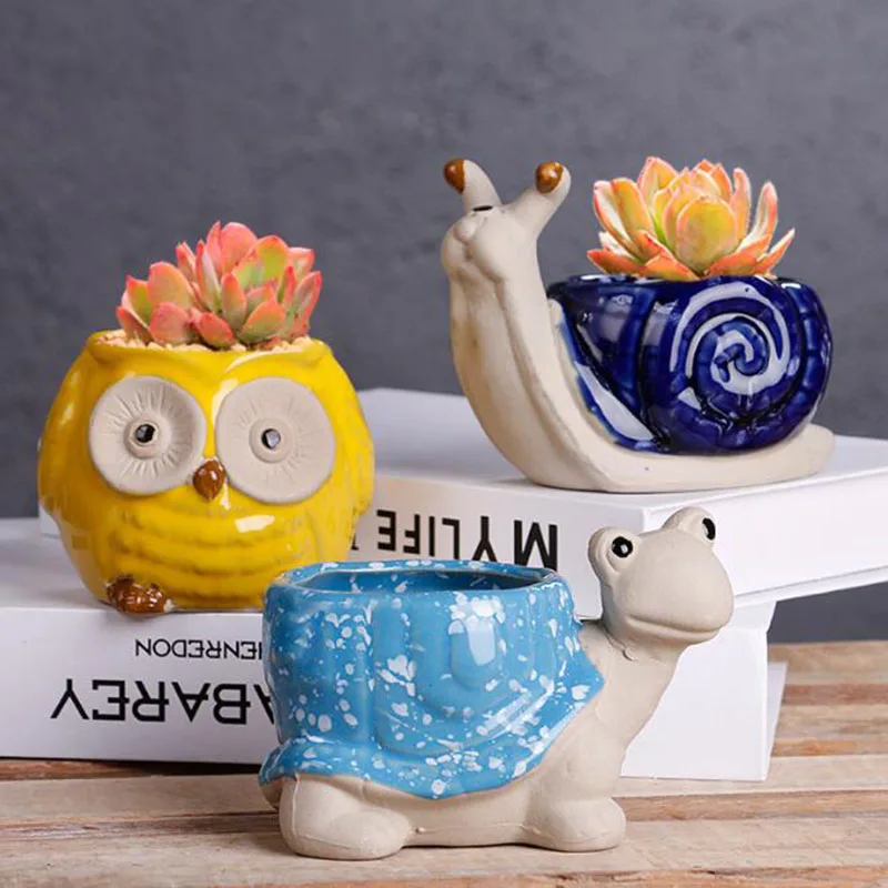 Cartoon Succulent Plant Pot Owl Tortoise Hedgehog Animal Flowerpot Vase with A Hole Office Desktop Ornaments Home Garden Decor