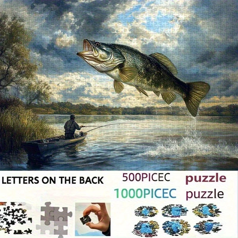 500/1000pcs Large Bass Fish Jumping Puzzle Box - High-Quality, Exquisite Thick Packaging, Perfect for Adults, Ideal for Easter