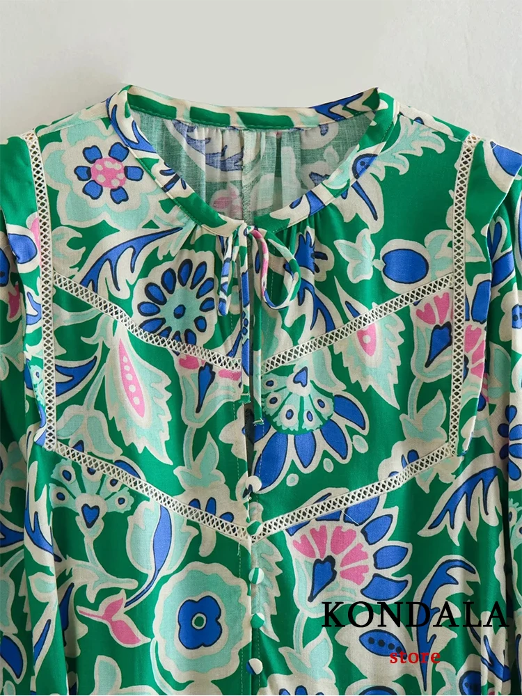 KONDALA Vintage Print Green A-Line Women Shirt Dress Fashion 2023 Summer Long Sleeve Lace Belt Chic Casual Mini Holiday Vestidos