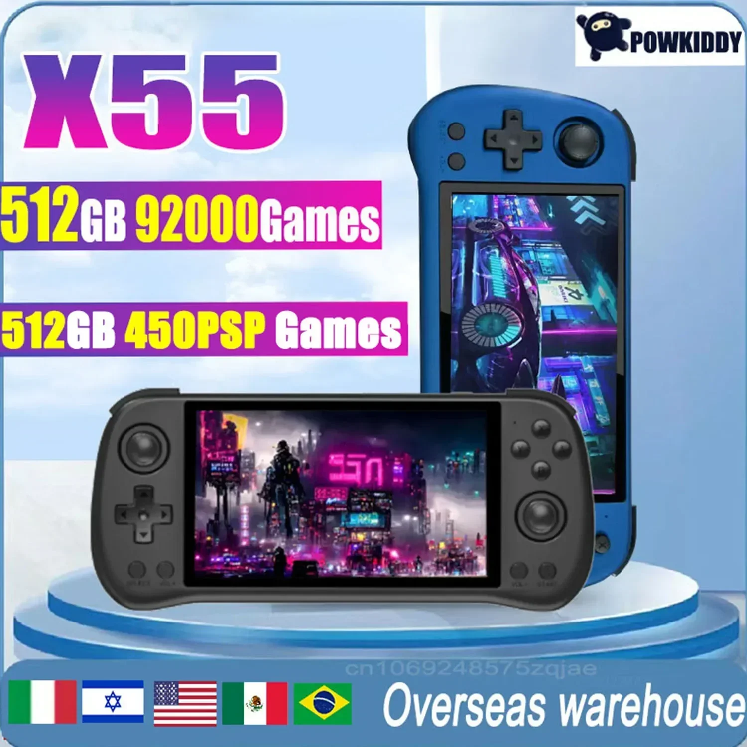 POWKIDDY X55 5.5INCH IPS Screen Retro Handheld Game Console  Linux System OpenSource RK3566 Video Game HD 512G PSP Games Gifts