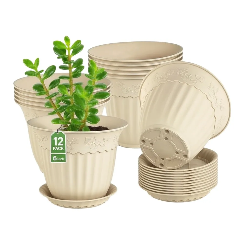 6/8/10 Inch Plant Pots Set 12 Pcs with Matching Saucers Lightweight Drainage Holes for Succulents Herbs Pothos