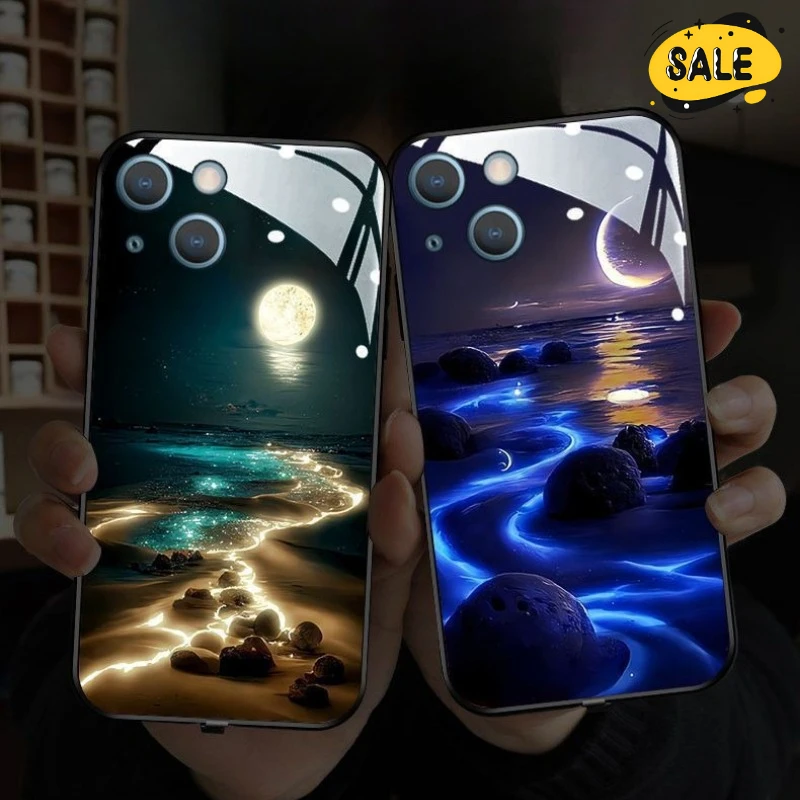 

Personalized Beach Starry Sky LED Light Glow Glass Phone Case for Samsung NOTE 20/10/9 A71 A72 A54 A53 A52 Protector Cover