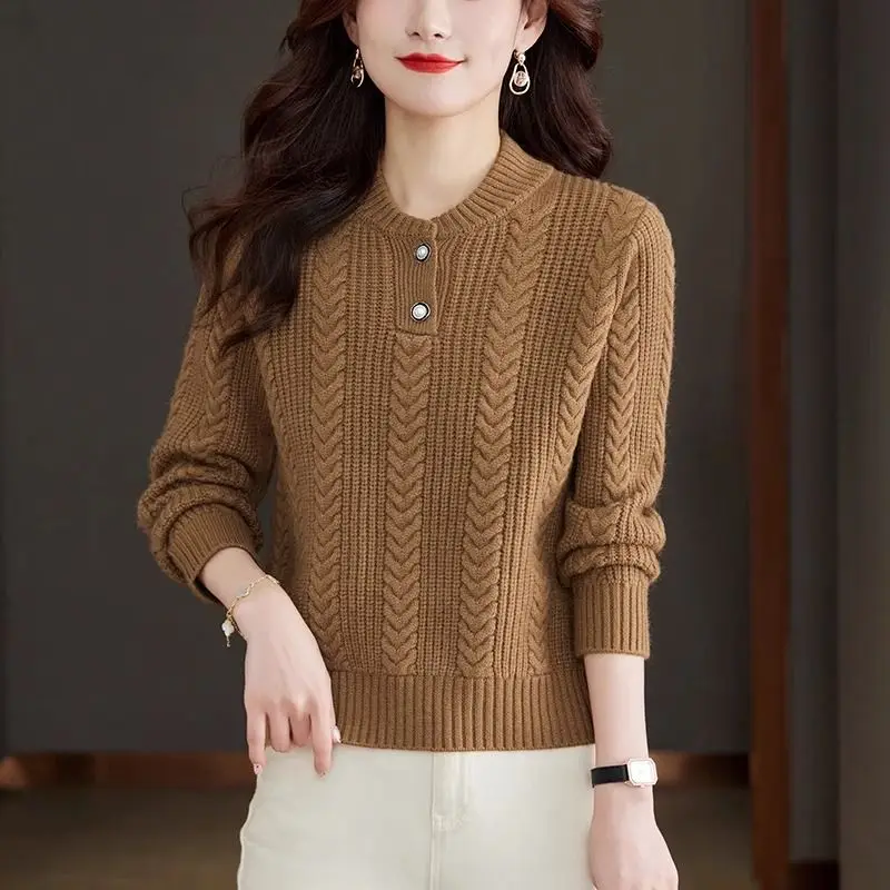 Office Lady Round Neck Autumn Winter Solid Color Button Lantern Long Sleeve Sweater Knitted Women\'s Clothing Elegant Tops