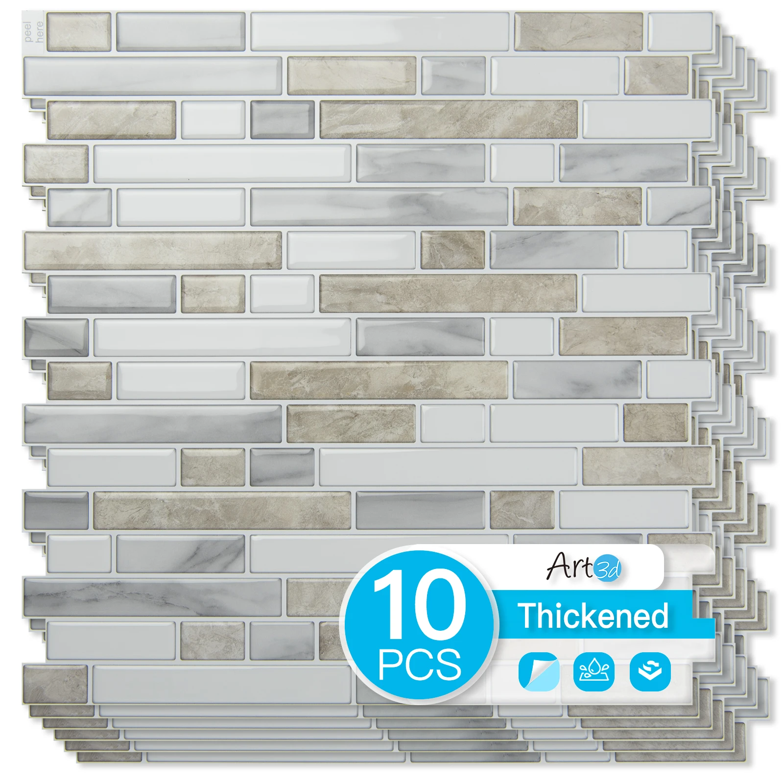 

Art3d, 10 листов, сверхмощный щиток для снятия и приклеивания, водонепроницаемая настенная плитка, наклейка на кухонный щиток для гостиной, серый цвет