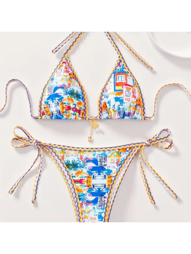 المرأة الأزهار طباعة مجموعة البكيني 2025 جديد الصيف مثير الرسن عارية الذراعين رفع قطعتين ملابس السباحة الأزرق الشاطئ ملابس السباحة امرأة #3