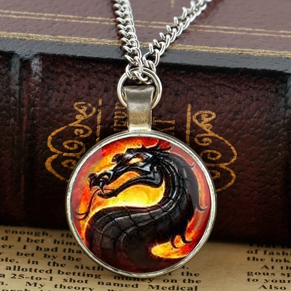 1pc Fashion Dragon Pendant Necklace, Mortal Kombat Pendants Glass Dome Jewelry Accessories For Men