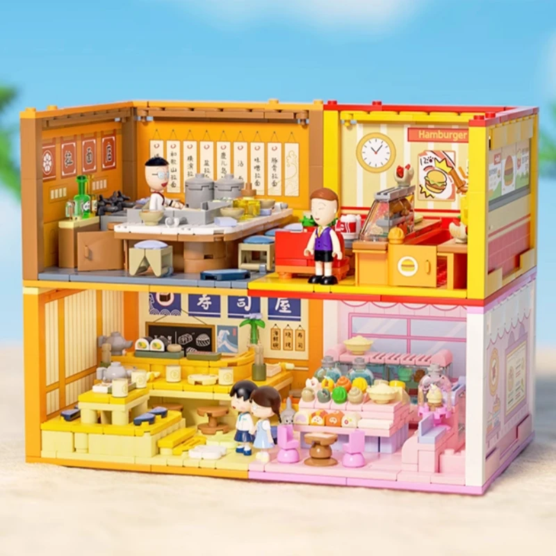 Nuovo Chibi Maruko Impilabile Casa Building Block Scena di strada Burger Shop Sushi House Puzzle Giocattoli Modello Decorazione Regalo di Natale