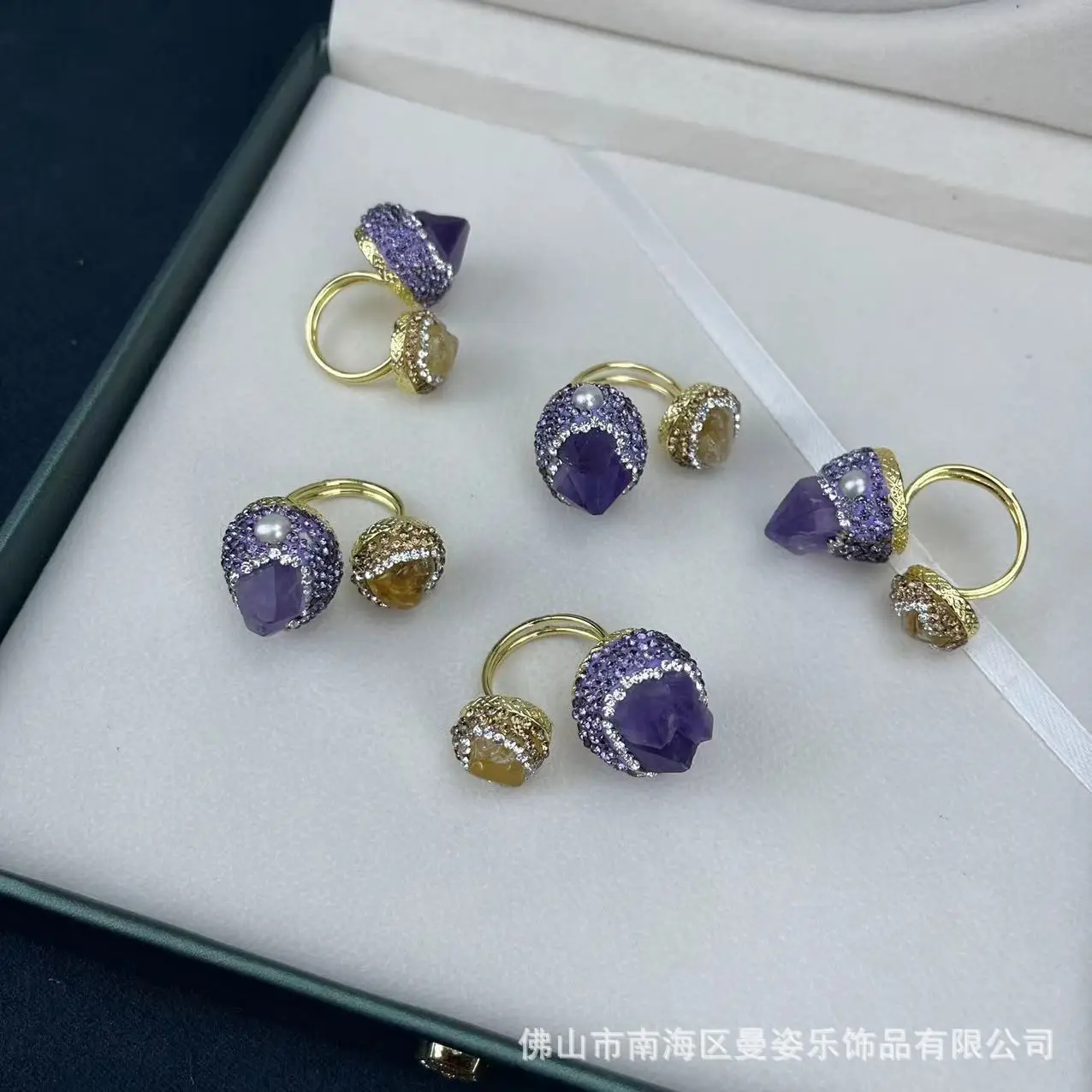 

Handmade genuine new natural citrine with amethyst mixed color ring French classic vintage natural stone jewelry