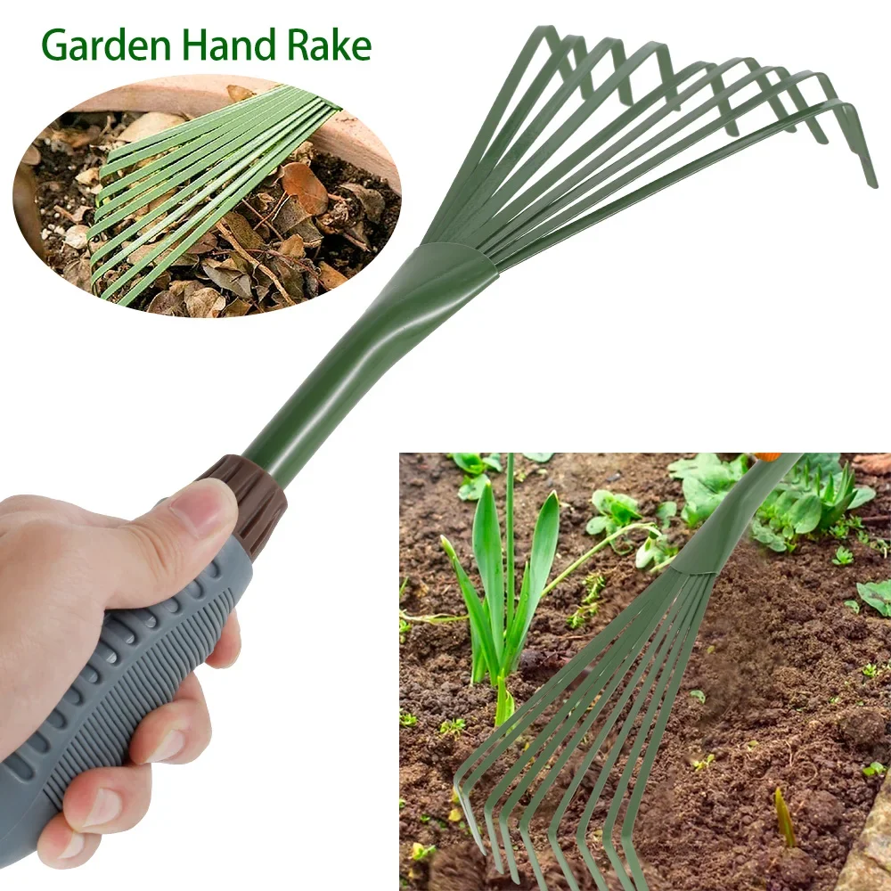 9 Teeth 15.5 Inch Garden Rake Grass Rake Hand Rake Leaf Broom with Comfort Grip Cleaning Rake Pet Excrement Rake Gardening Tools