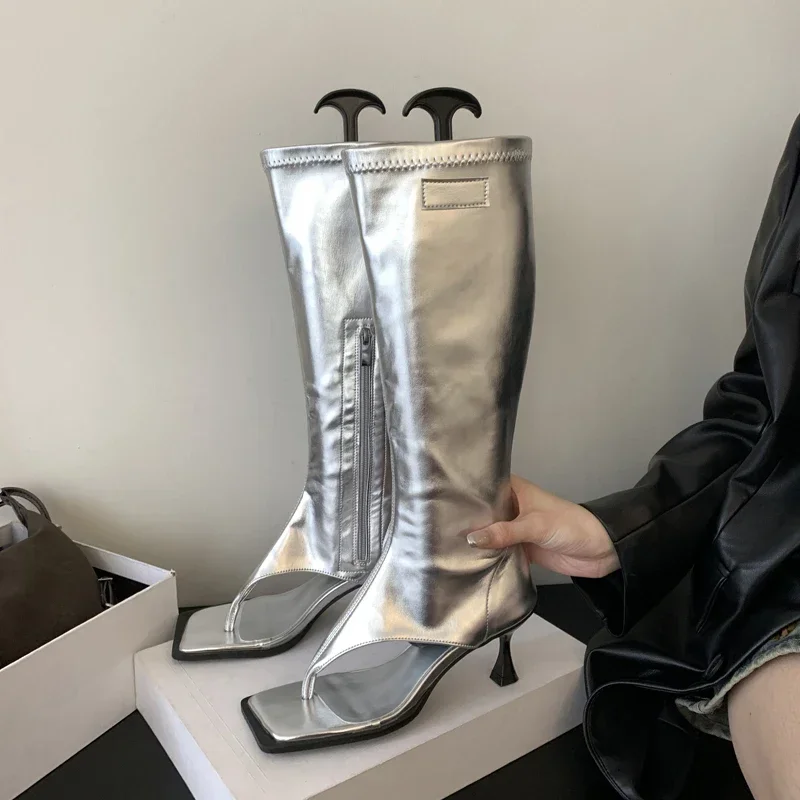 2025 Silver Open Toe Clip-On Knee High Boots Women Modern Booties Thin Low Heels Side Zipper Spring  Party Pumps Sandals Shoe