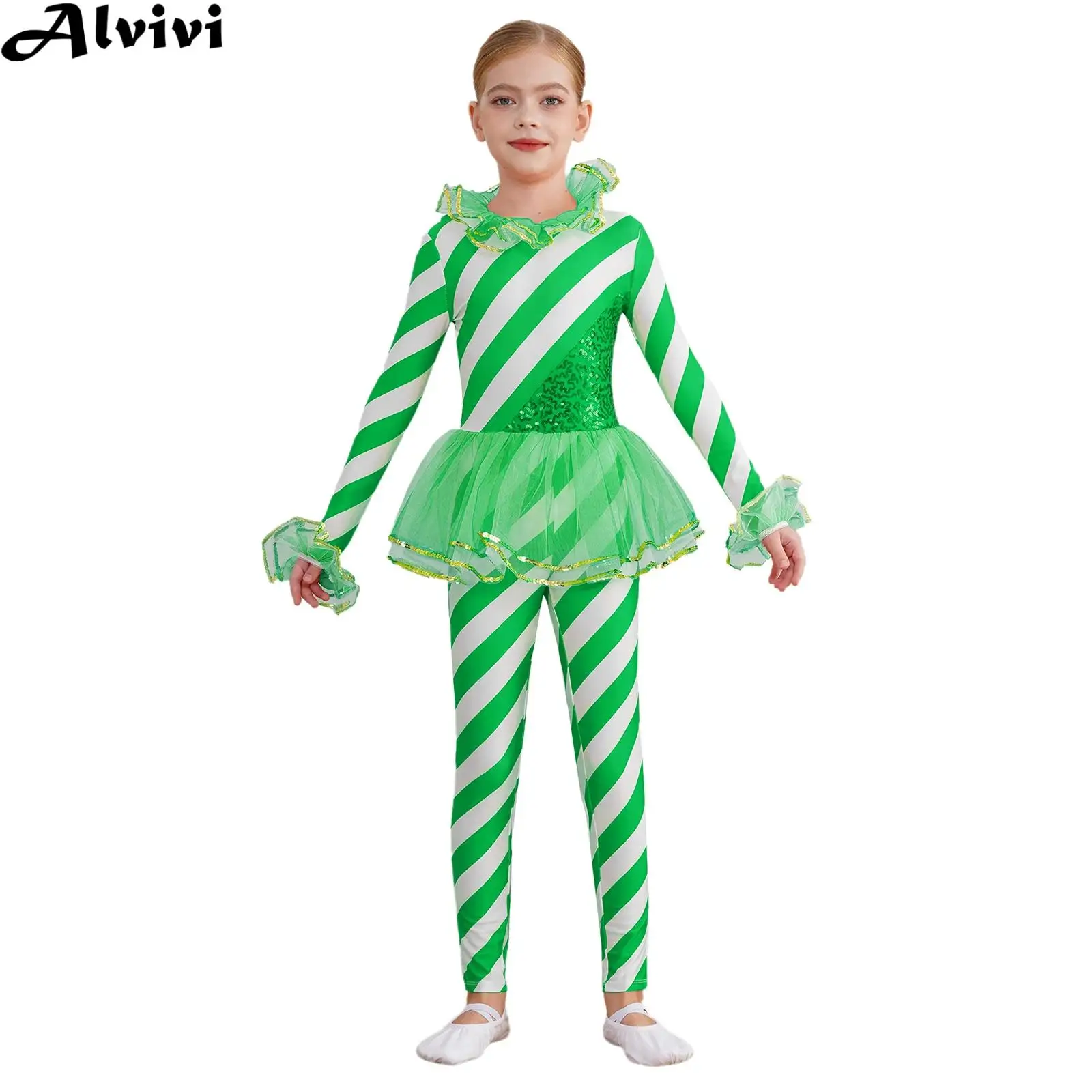 Kids Girls Christmas Candy Cane Tutu Jumpsuit Long Sleeve Ballet Dance Gymnastics Leotard Xmas Halloween Circus Cosplay Costume