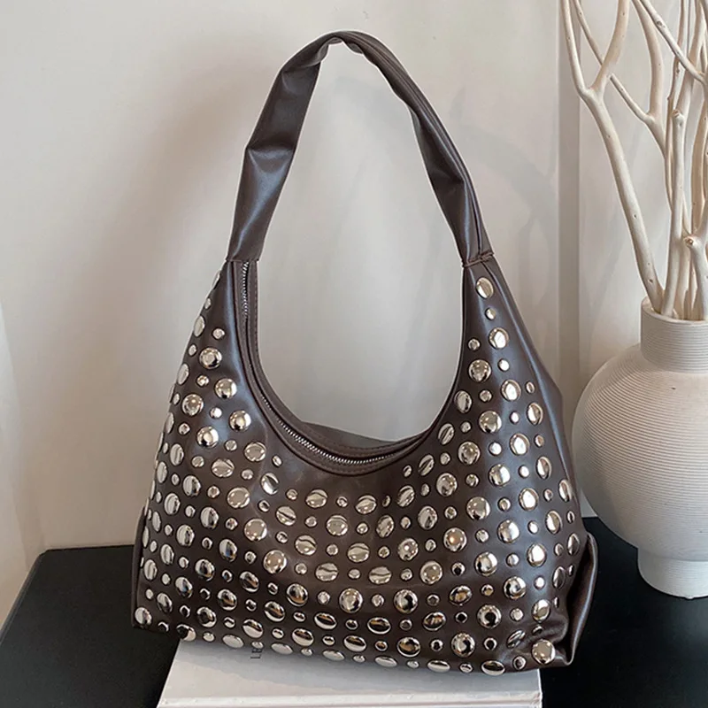 

Punk Studded Shoulder Bag Fashion Rivet Tote Bags for Women Designer Purses and Handbags Half Moon Soft Underarm Bag NEW Shopper