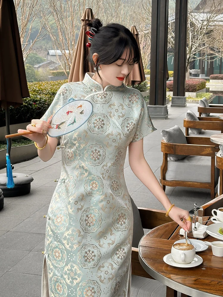 

Ele Silk Dr Женский ретро-дизайн на пуговицах National Sle Long Qipao Dr South Oil Высококачественный полный шелк