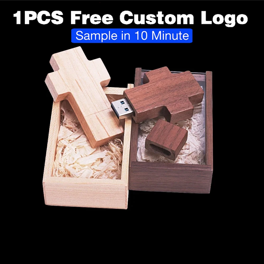 

Acrylic Cover Wooden Cross Shape USB Flash Drive 64GB Free Custom Logo Pendrive 32GB100% Real Capacity Wedding Gift Memory Stick