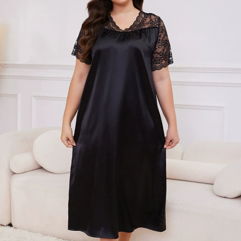 

Loose Women's Nightgown Sexy Summer Short Sleeve Silk Lace Night Dress For Woman Nightie Pajamas Dress Night Wear Female