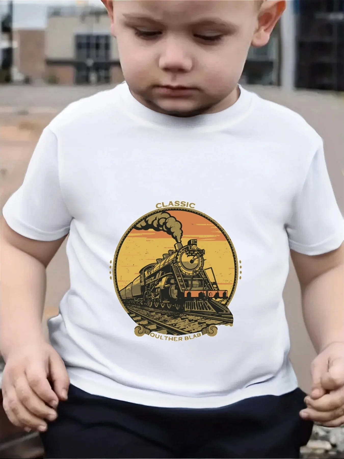 Cute Classic Vintage Steam Train Circle Print Family Matching T Shirt Boys Girls Short Sleeve Parent Child Cotton Casual Tops